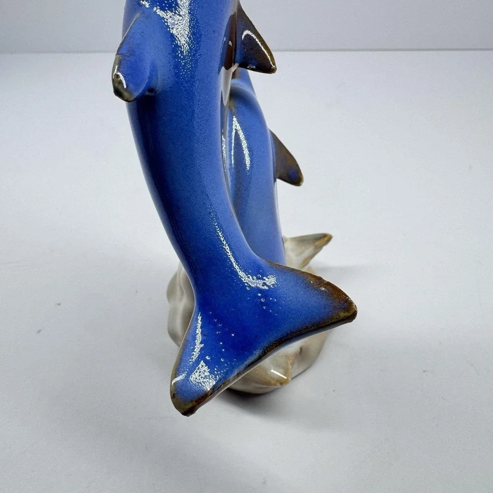 Vintage Double Dolphin Ceramic Figurine Blue Glazed Ocean Coastal Nautical Decor